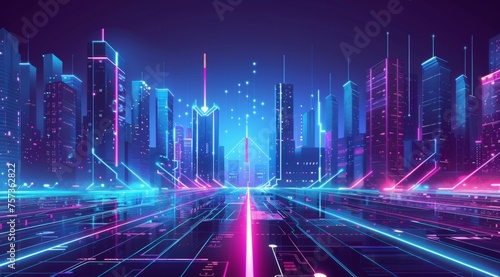 Futuristic cityscape with neon lights and digital elements, representing the next wave of technology in urban life Generative AI © SKIMP Art