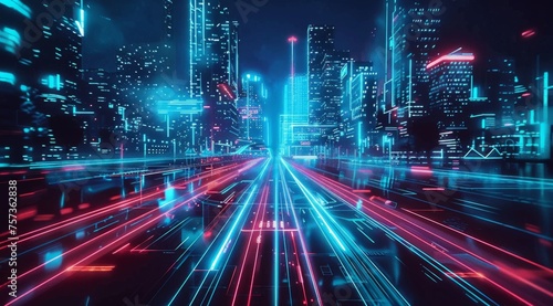 Futuristic cityscape with neon lights and glowing streets  showcasing the concept of digital urban life Generative AI