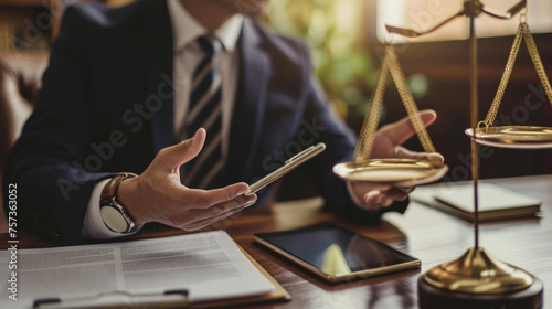 Wallpaper Mural Hands of a lawyer or consultant, gesturing during an explanation or discussion, with a blurred background that includes a laptop, documents, and the scales of justice Torontodigital.ca