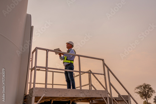Engineer manager wearing uniform inspection work in wind turbine farms rotation to generate electricity energy. Green ecological power energy generation wind sustainable energy concept.