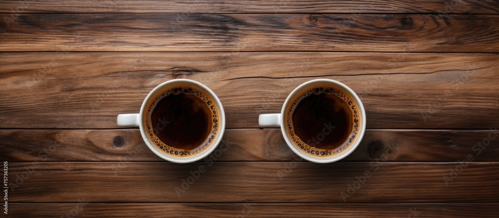 Two cups of coffee rest on a rustic wooden table, adding an artistic touch to the event. The beautiful hardwood complements the circleshaped table perfectly Two cups of coffee rest on a rustic wooden table, adding an artistic touch to the event. The beautiful hardwood complements the circleshaped table perfectly