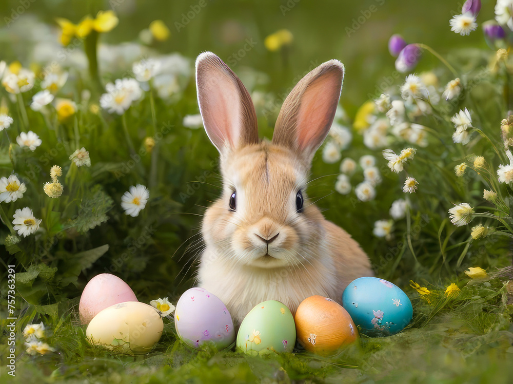 Cute brown bunny with painted Easter eggs on grass meadow