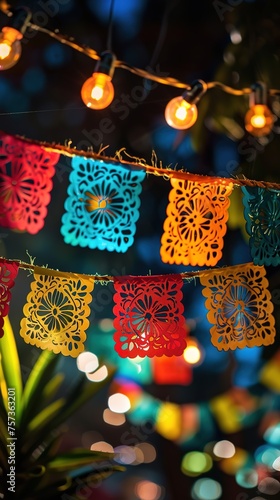 Colorful paper banners hanging with warm lights in the background. © Larisa