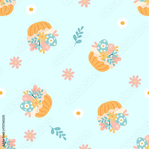 Seamless pattern easter with flowers cartoons easter basket  © Helen