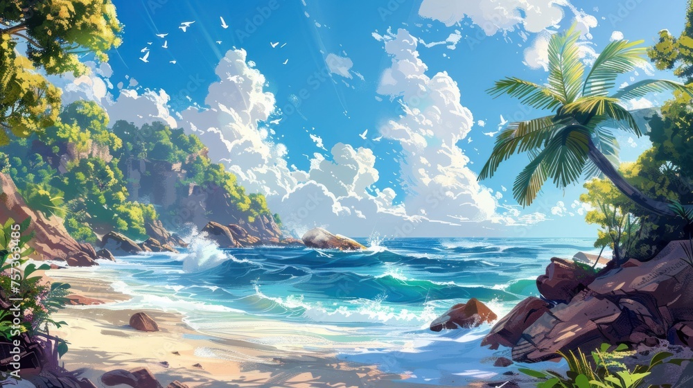 Fototapeta premium Dreamy Sea Shore Illustration Wallpaper