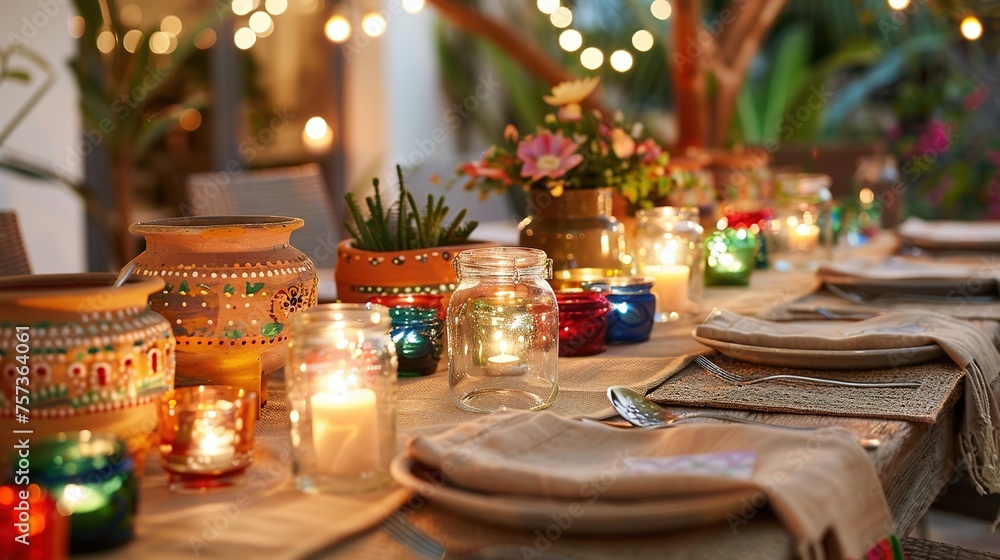 Warmly lit table setting with colorful lanterns and an earthy vibe for a cozy evening.