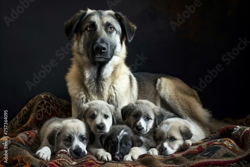Dog mother with small puppies. Cattle young pup. Generate Ai