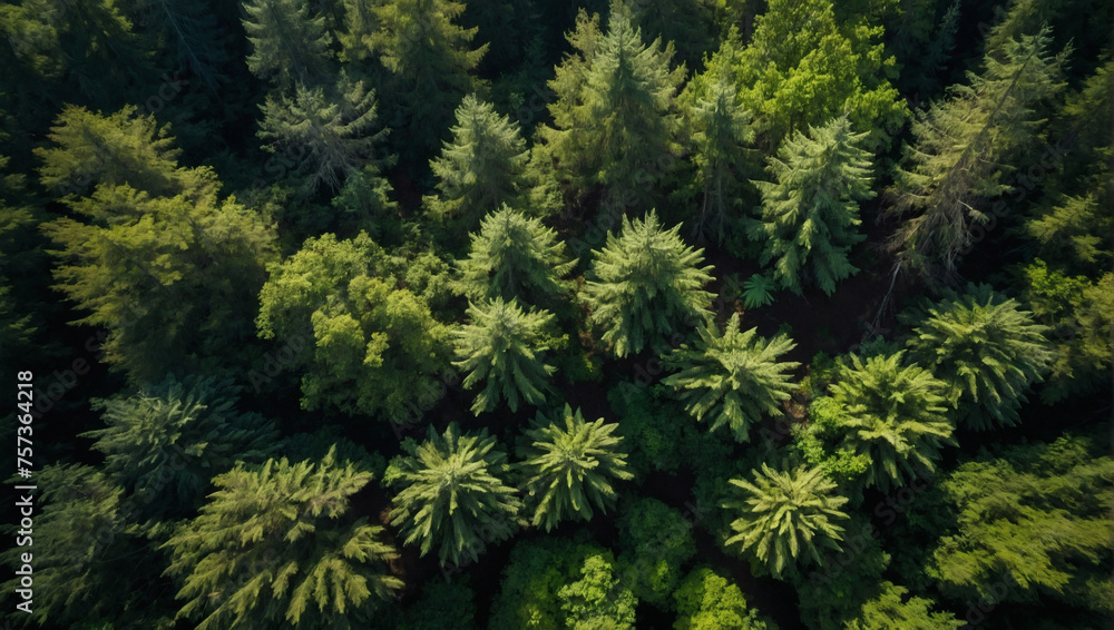 Dense forest canopy from above, emphasizing carbon capture and sustainable green environment.