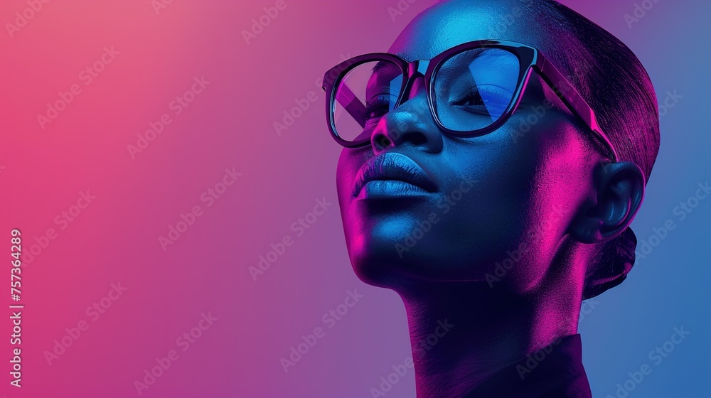 A dynamic poster design with a model wearing glasses, set against a solid background. The model's bold typography and graphic elements create a visually striking contrast against the plain background. A dynamic poster design with a model wearing glasses, set against a solid background. The model's bold typography and graphic elements create a visually striking contrast against the plain background.