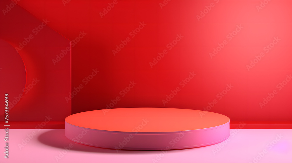 Circular red podium set against a geometric pattern wall, suitable for unique product showcasing Circular red podium set against a geometric pattern wall, suitable for unique product showcasing