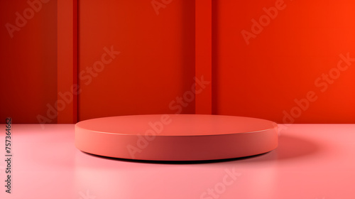 A sleek red podium for displaying products set against a columned backdrop adding depth