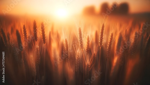 A field of wheat bathed in the golden light of the setting sun, creating a serene and warm atmosphere.