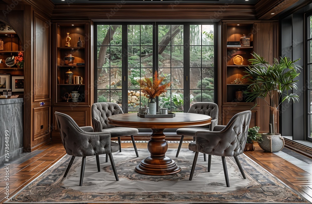 Fototapeta premium House with round table, chairs, and plants by window