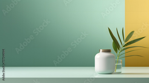 Modern aesthetic image featuring a white bottle with a green palm leaf in a clinical flask against a green and yellow gradient wall
