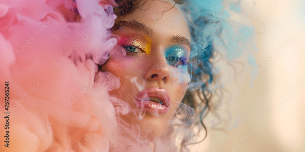 a banner with a beautiful girl, with bright makeup and clouds of smoke in her hair, creating an unearthly atmosphere, close-up in soft lighting, creating a dreamy effect. Pastel color scheme.