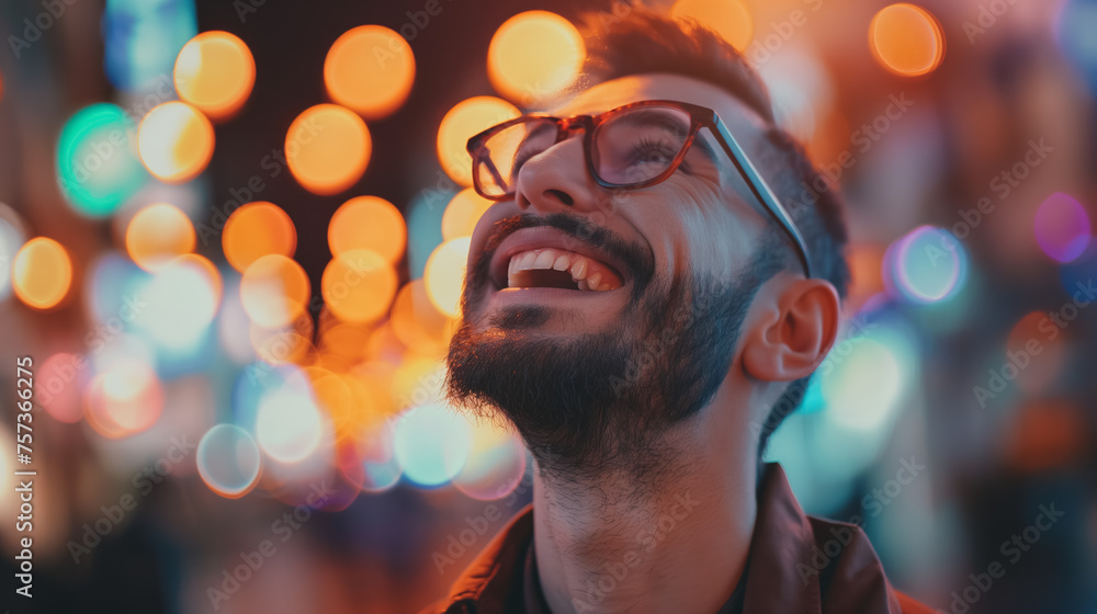 Man laughing with colorful lights. Man laughing with colorful lights.