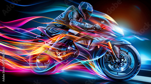 A biker riding his motorcycle at high speed with colorful wave forms effects photo