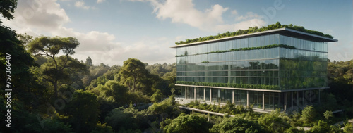 Eco-friendly glass office building surrounded by greenery, illustrating a commitment to sustainability and carbon reduction. photo
