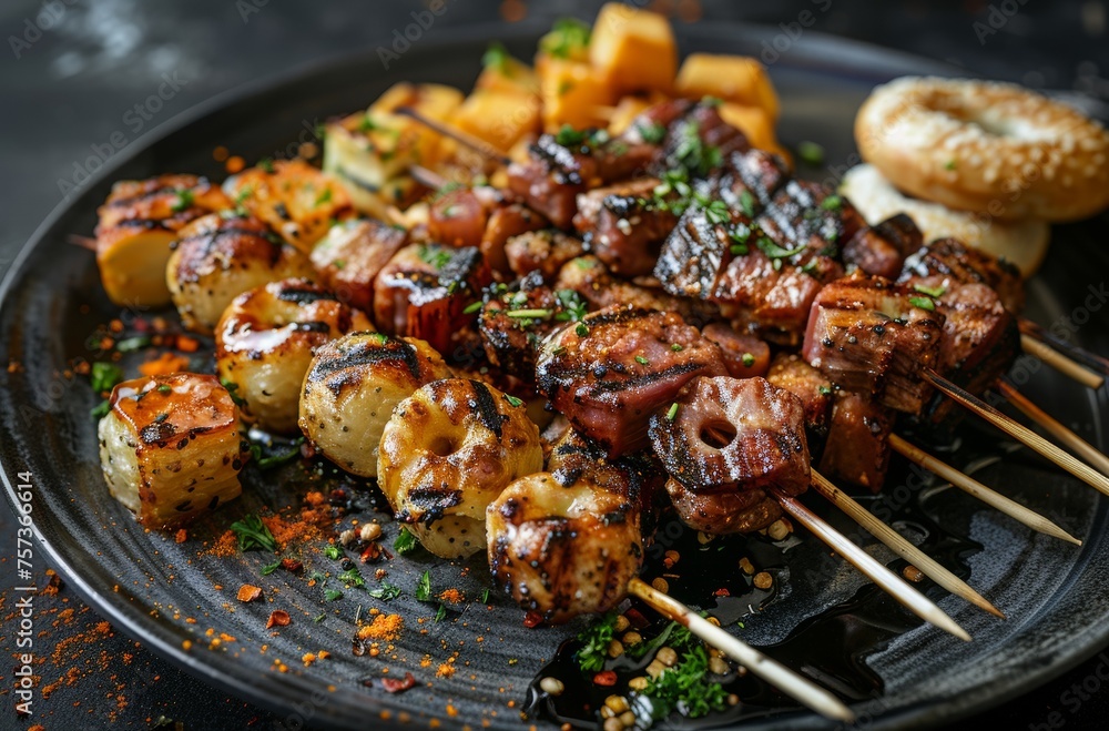 Close up of grilled skewers with meat and mushrooms, seasoned with herbs accompanied by pretzels, served on a dark plate