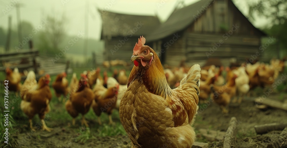 Fototapeta premium Rooster with chickens in rustic farm backdrop