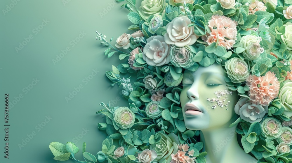 3D Illustration with Flowers and Green Tones