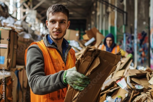Recycling concept. Young worker in protective vest and gloves holding cardboard while working with colleagues in garbage sorting center.