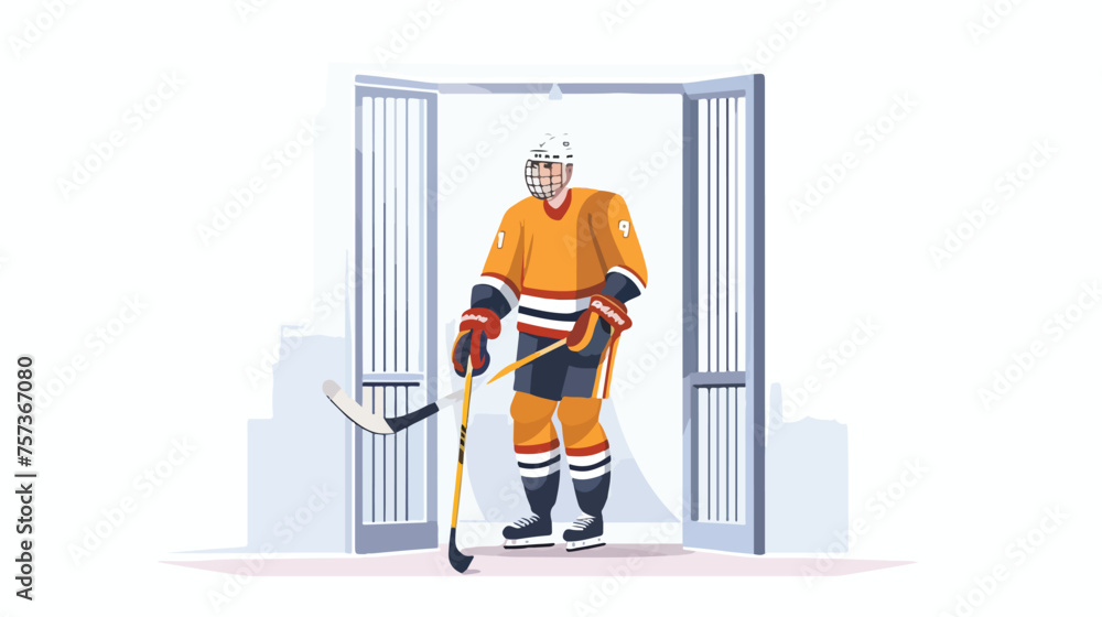 A hockey player stands on the gate with a stick. Han