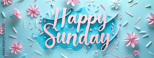 Happy Sunday - modern calligraphy lettering on colorful background with flowers