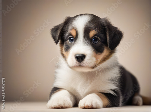 portrait of beautiful black tricolor puppy of australian shepherd dog