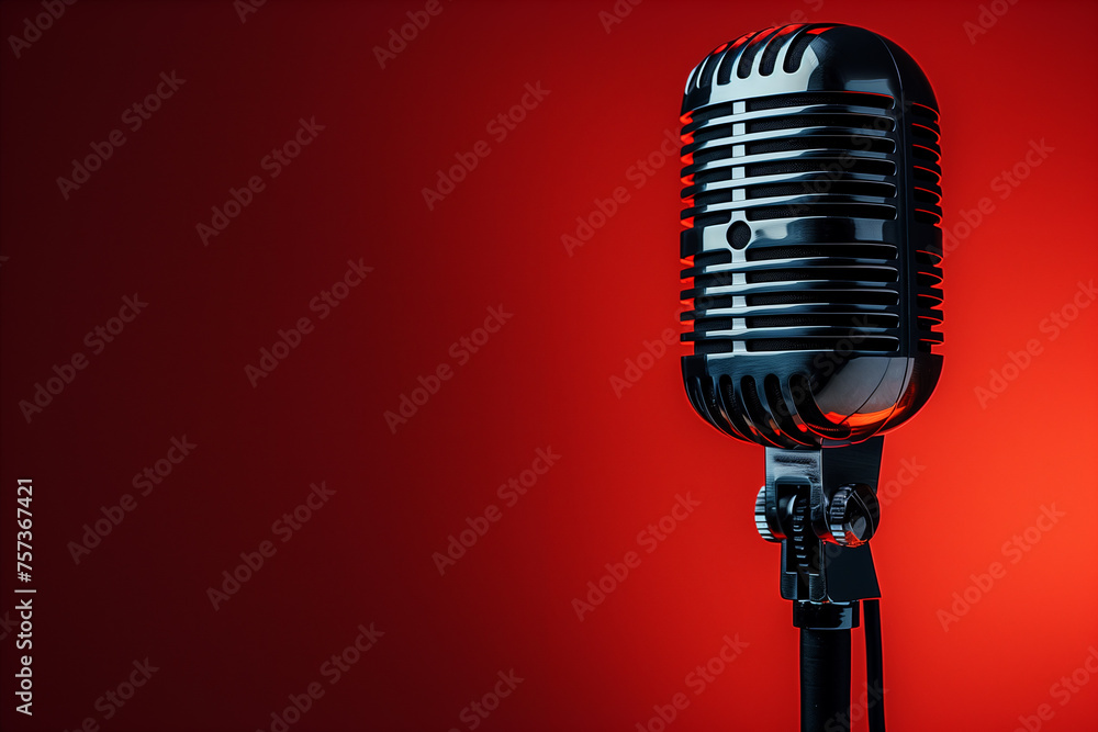 Fototapeta premium Microphone with waveform on red background, podcast banner concept