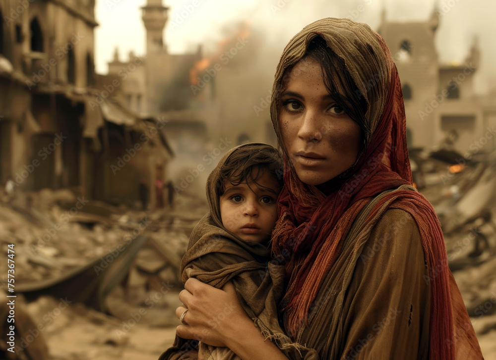 A mother's courage: arab woman escapes with children from devastated city A mother's courage: arab woman escapes with children from devastated city