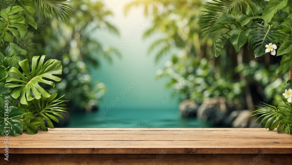 Empty wooden table for product display with tropical green floral background Empty wooden table for product display with tropical green floral background
