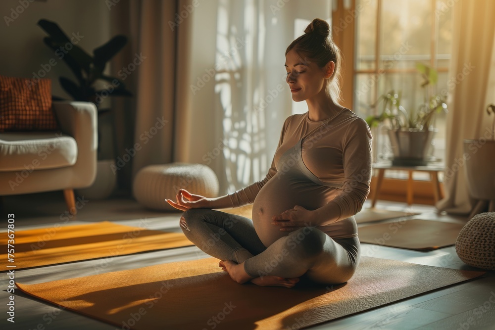Relaxing pregnant woman sitting on yoga mat at home. Relaxing pregnant woman sitting on yoga mat at home.
