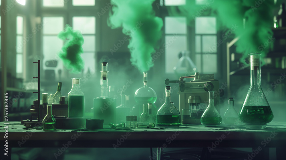 The science lab is full of chemicals that cause green smoke. The science lab is full of chemicals that cause green smoke.