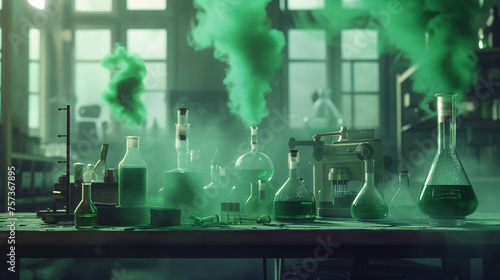 The science lab is full of chemicals that cause green smoke.