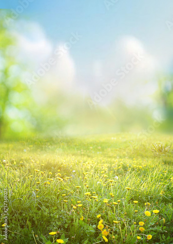 Fototapeta Naklejka Na Ścianę i Meble -  Beautiful blurred spring background nature with blooming glade chamomile, trees and blue sky on a sunny day.