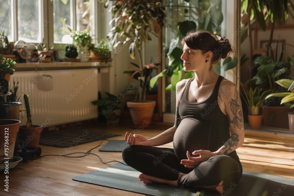 Relaxing pregnant woman sitting on yoga mat at home.