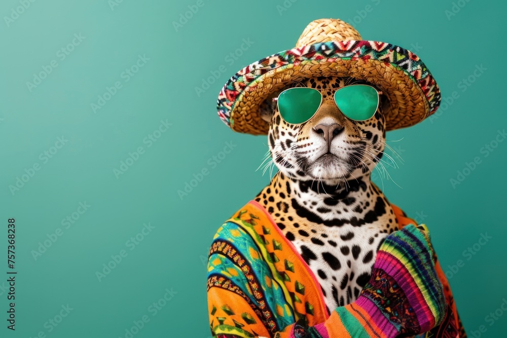 A Jaguar wearing a sombrero and sunglasses. The Jaguar is wearing a colorful outfit and poses for the camera A Jaguar wearing a sombrero and sunglasses. The Jaguar is wearing a colorful outfit and poses for the camera