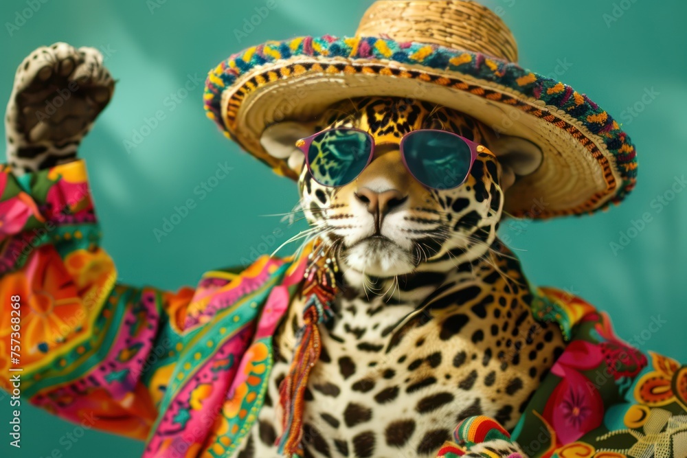 A Jaguar wearing a colorful hat and sunglasses. The Jaguar is posing for a picture. The image has a fun and playful mood