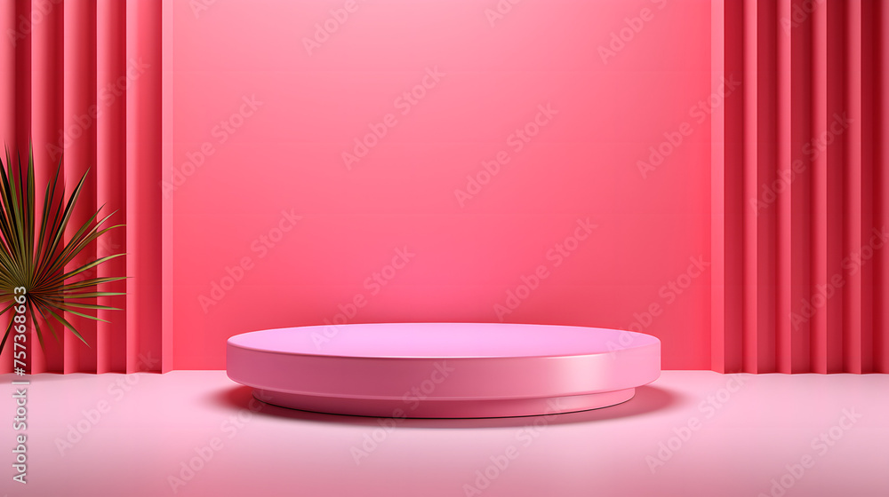A modern minimalistic design featuring a circular pink platform with elegant draping red curtains in the background A modern minimalistic design featuring a circular pink platform with elegant draping red curtains in the background