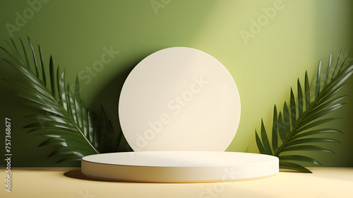 A serene and sophisticated image showcasing an egg-shaped backdrop with a round platform surrounded by tropical green leaves