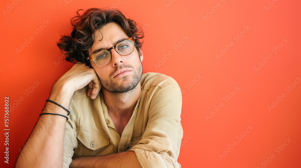 Man leans on orange wall, thoughtful.
