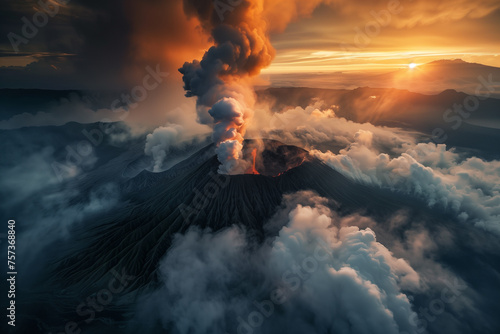Aerial view of a volcanic eruption at sunset, suitable for adventure themes. photo