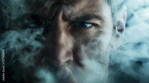 Man with intense gaze through smoke.