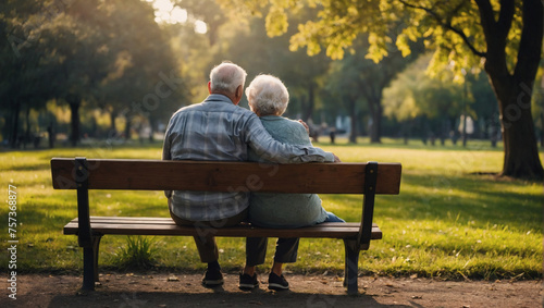 Elderly couple in a park, seated on a bench, sharing a happy moment of retirement, surrounded by the beauty of nature and the warmth of their love. #757368877