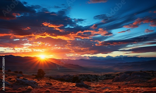Sun Setting Over Mountain Range © uhdenis