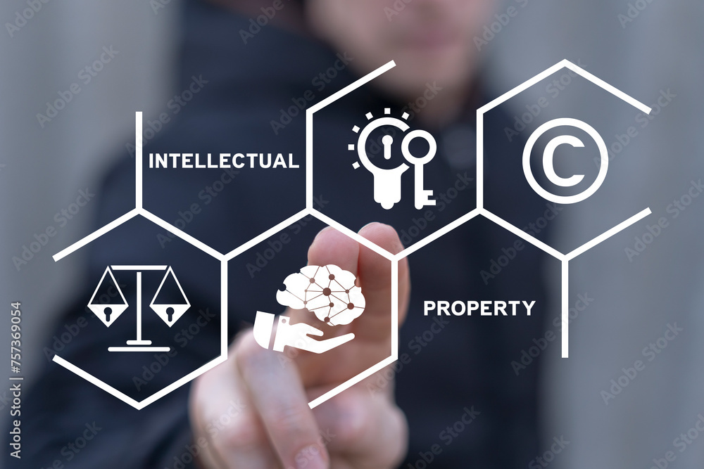 Man using virtual interface sees inscription: INTELLECTUAL PROPERTY. Intellectual Property Rights, Copyright, Patent or Trademark Infringement.