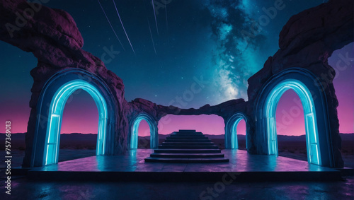 Electric Landscape with Intriguing Arches, Podium for Product Showcase, Cosmic Sky. photo