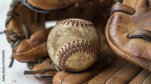 Old baseball and glove on wood.