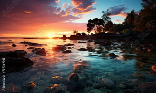 Sun Setting Over Ocean With Rocks in Water